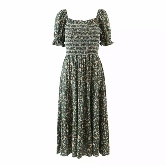 Cottagecore floral print boho dress green shirred - Picture 2 of 8